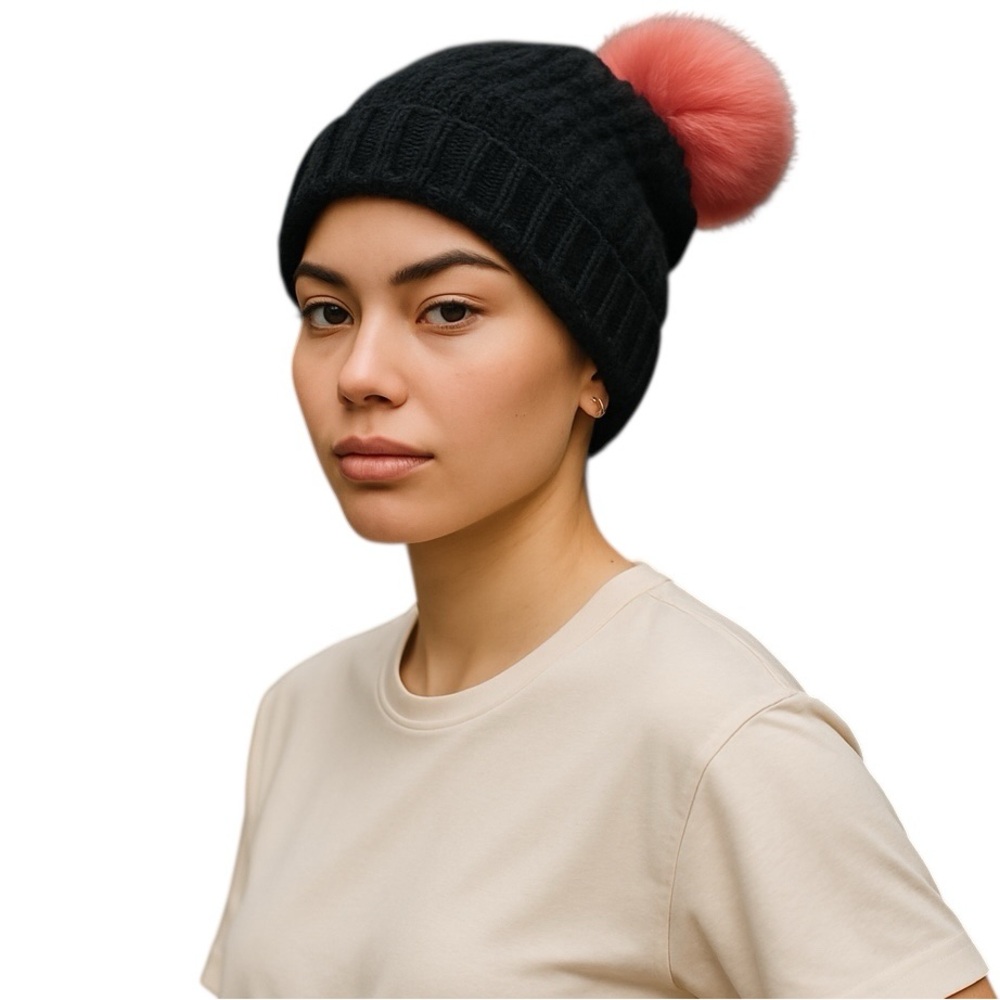 Norla Canada Pom Pom Cuffed Ribbed Knit Beanie NWT Black Nordstrom